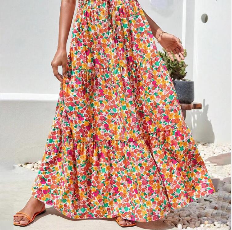 Summer Spring Autumn Tropical Flower Polyester Maxi Long Dress Skirts display picture 2
