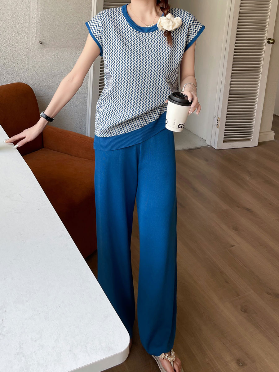 Lässig Draussen Täglich Frau Einfacher Stil Streifen Einfarbig Stricken Hosen-Sets Hosen-Sets display picture 1