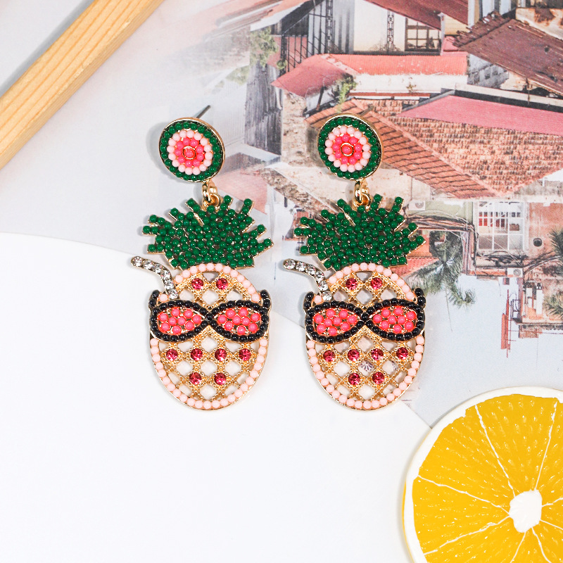 1 Pair Cartoon Style Cute Pineapple Inlay Alloy Rhinestones Seed Bead Drop Earrings display picture 6