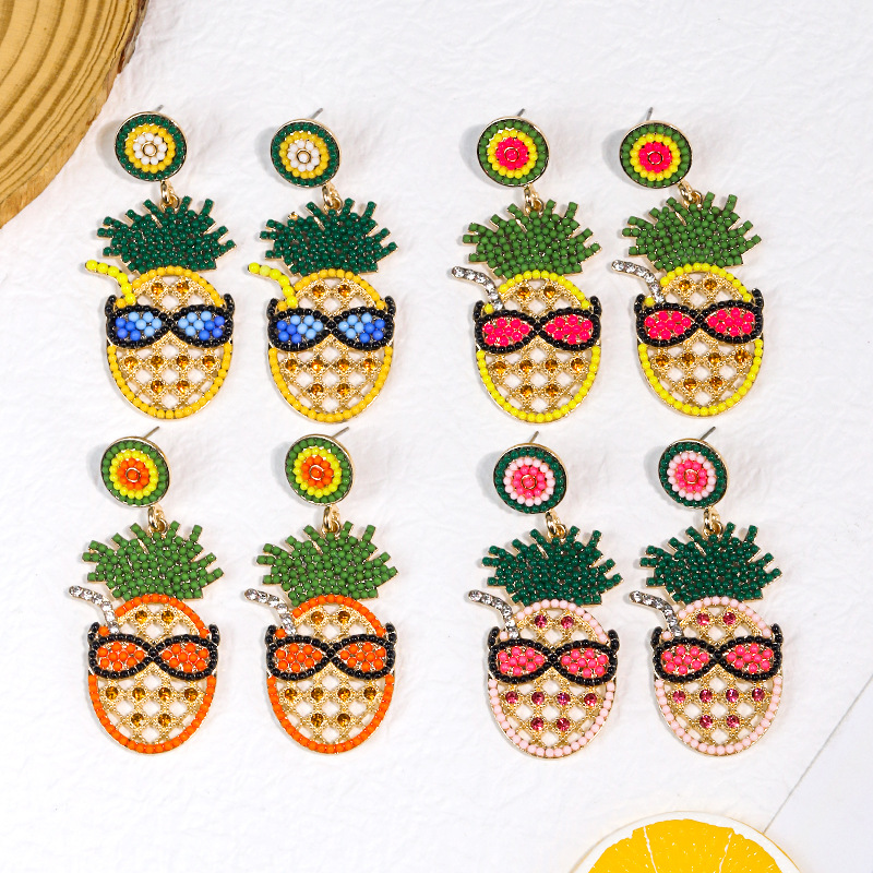1 Pair Cartoon Style Cute Pineapple Inlay Alloy Rhinestones Seed Bead Drop Earrings display picture 5