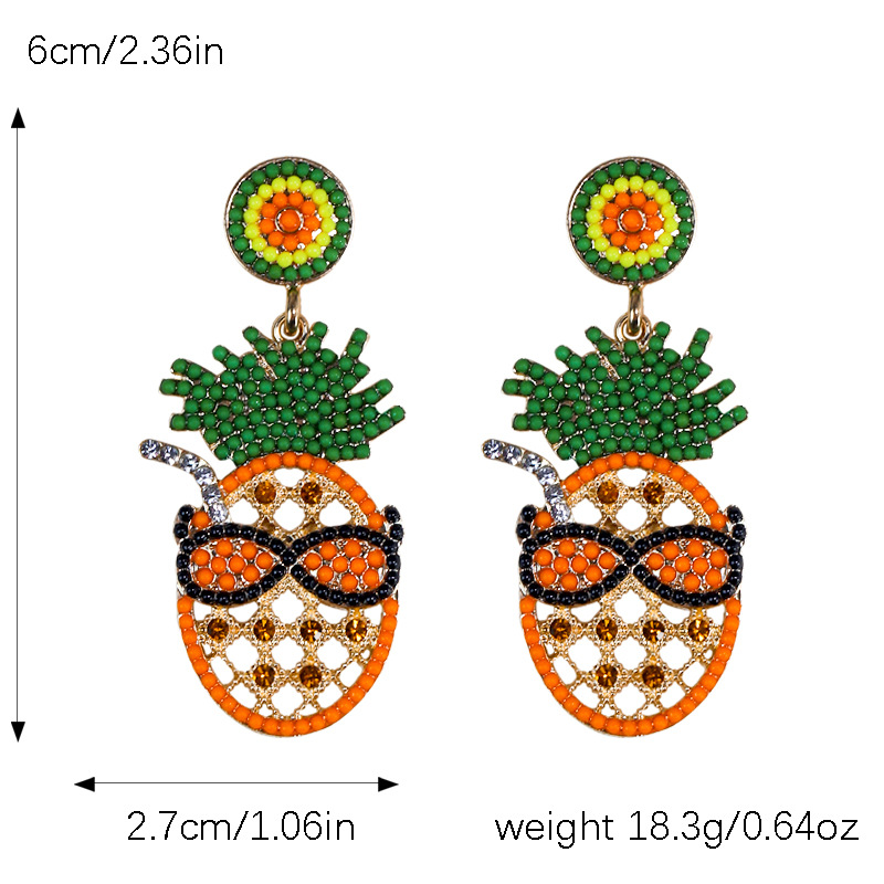 1 Pair Cartoon Style Cute Pineapple Inlay Alloy Rhinestones Seed Bead Drop Earrings display picture 7