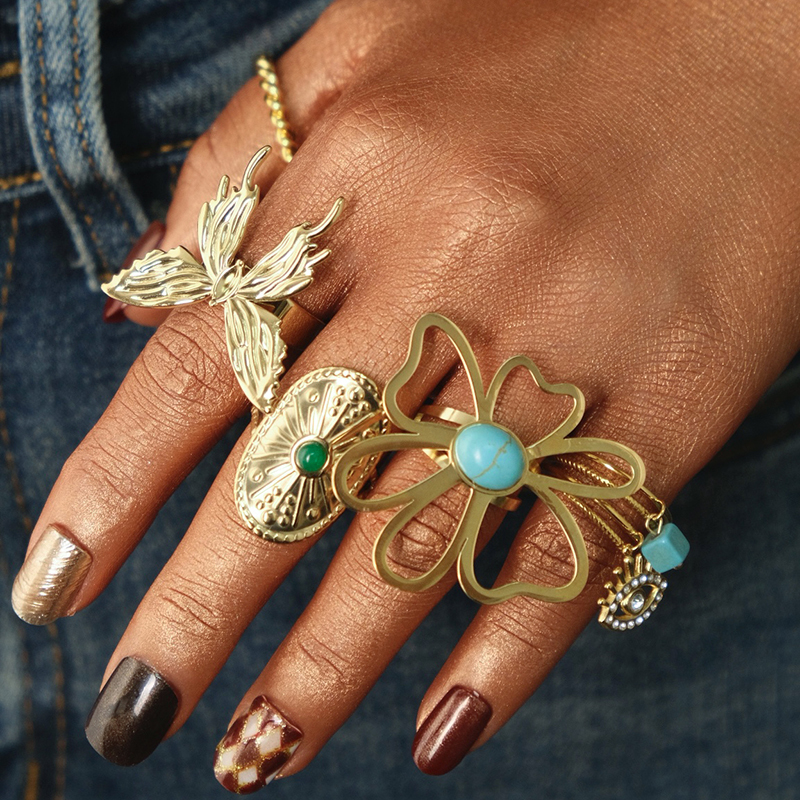 Preppy Style Romantic Eye Flower Butterfly 304 Stainless Steel 14K Gold Plated Turquoise Zircon Rings In Bulk display picture 1