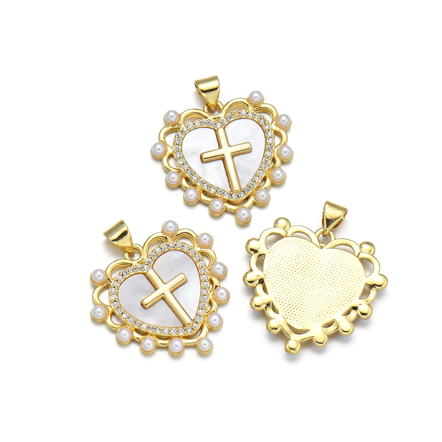 IG Style Simple Style Cross Heart Shape 18K Gold Plated Pearl Shell Zircon Copper Wholesale Jewelry Accessories display picture 3