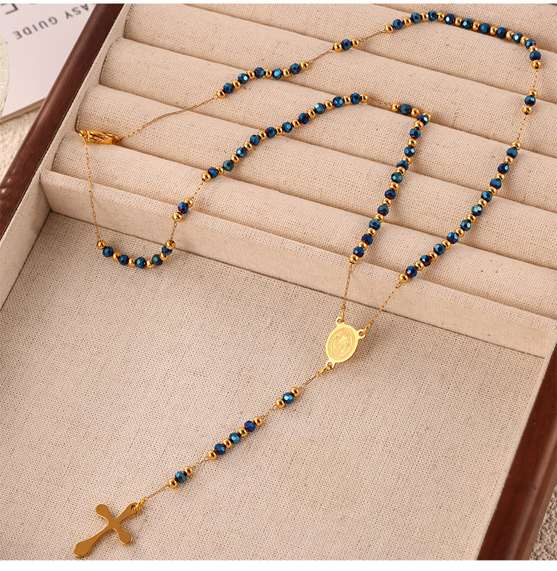 304 Stainless Steel Artificial Pearl Natural Stone 18K Gold Plated Basic Modern Style Classic Style Beaded Plating Cross Round Pendant Necklace display picture 4