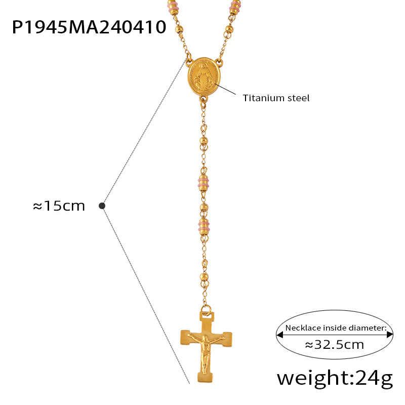 304 Stainless Steel Artificial Pearl Natural Stone 18K Gold Plated Basic Modern Style Classic Style Beaded Plating Cross Round Pendant Necklace display picture 6