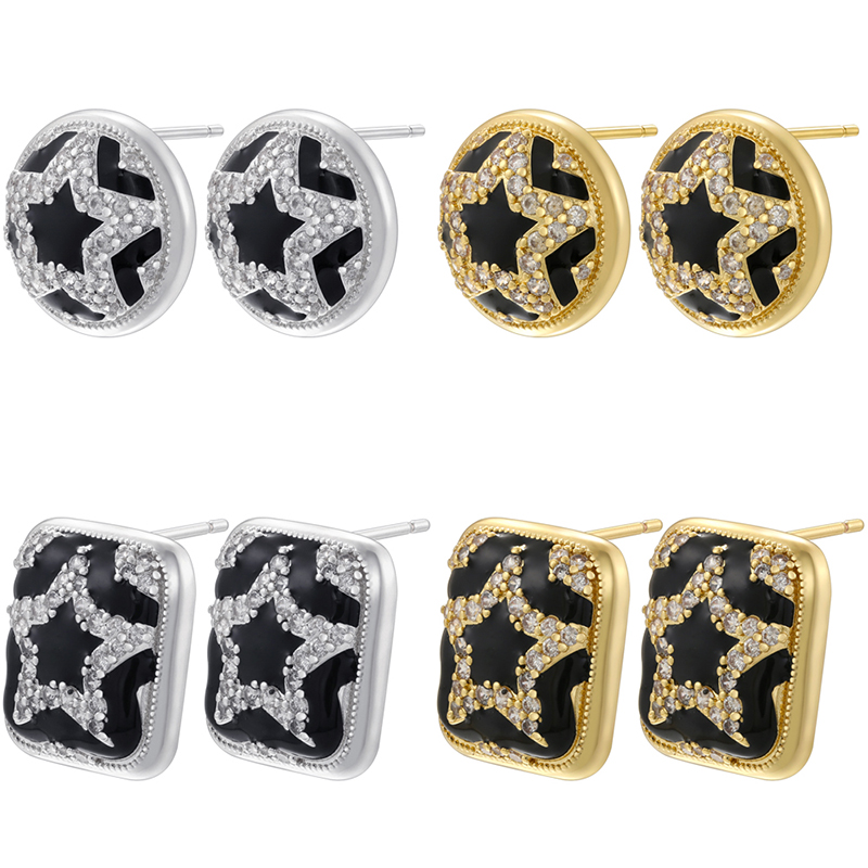 1 Pair Hip-Hop Cool Style Pentagram Round Square Plating Inlay Copper Zircon 18K Gold Plated Ear Studs display picture 5