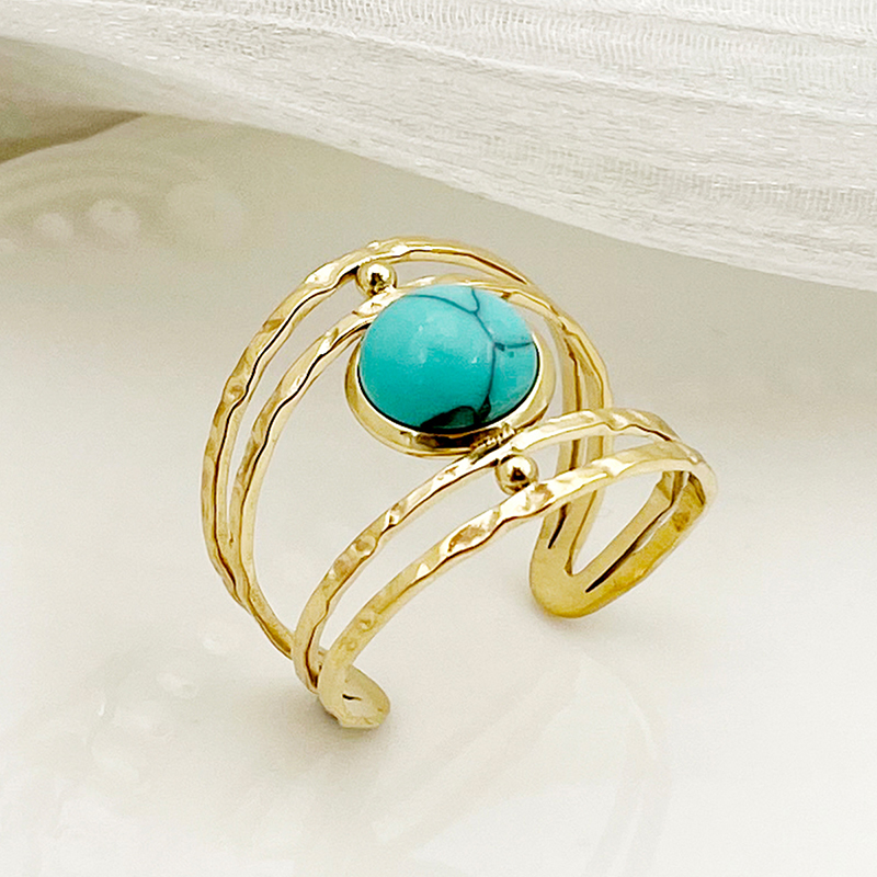 304 Stainless Steel 14K Gold Plated Vintage Style Roman Style Commute Plating Hollow Out Inlay Geometric Flower Turquoise Rings display picture 2