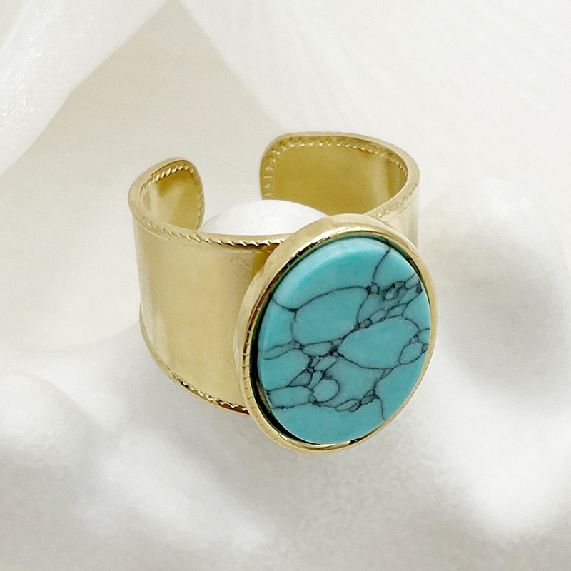 304 Stainless Steel 14K Gold Plated Vintage Style Roman Style Commute Plating Hollow Out Inlay Geometric Flower Turquoise Rings display picture 4