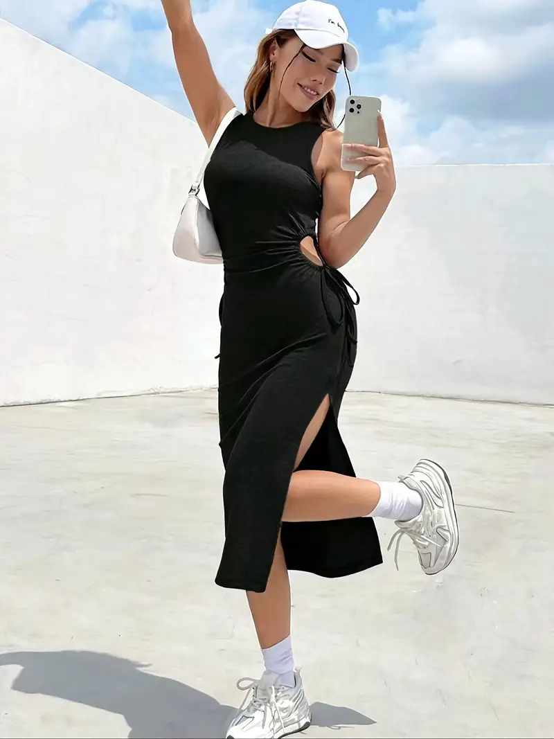 Women's Sheath Dress Streetwear Round Neck Sleeveless Solid Color Knee-Length Holiday Daily display picture 9