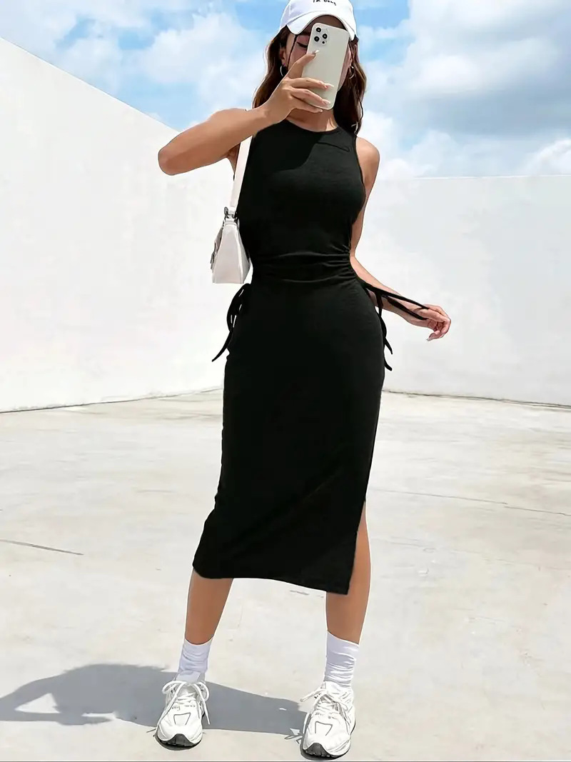 Women's Sheath Dress Streetwear Round Neck Sleeveless Solid Color Knee-Length Holiday Daily display picture 10