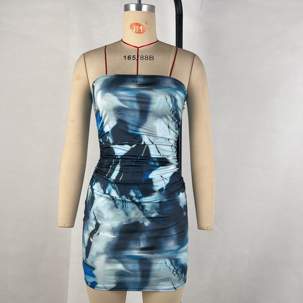 Women's Sheath Dress Sexy Strapless Printing Pleated Sleeveless Tie Dye Above Knee Holiday Date display picture 4