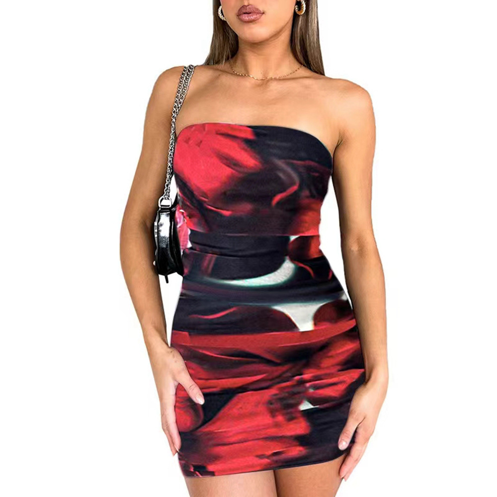 Women's Sheath Dress Sexy Strapless Printing Pleated Sleeveless Tie Dye Above Knee Holiday Date display picture 8