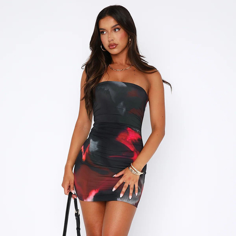 Women's Sheath Dress Sexy Strapless Printing Pleated Sleeveless Tie Dye Above Knee Holiday Date display picture 11