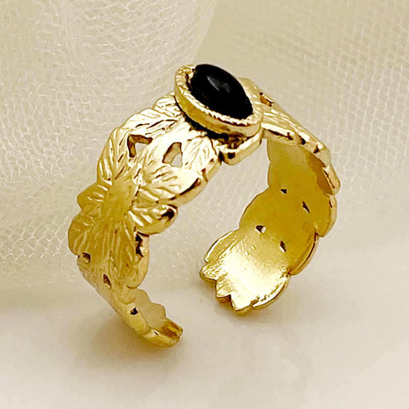 Vintage Style Commute Sector Moon 304 Stainless Steel 14K Gold Plated Natural Stone Zircon Rings In Bulk display picture 2