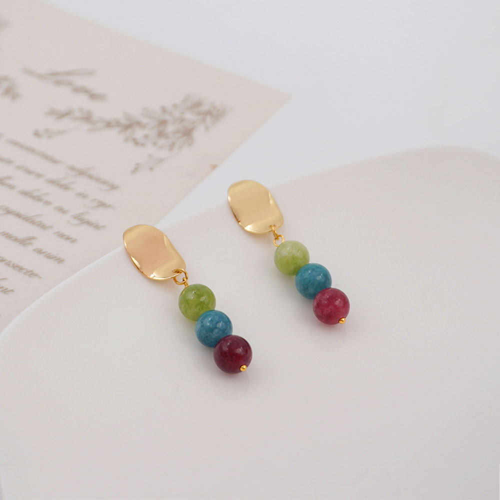 1 Pair Simple Style Classic Style Round Beaded Stone Copper Gold Plated Drop Earrings display picture 5