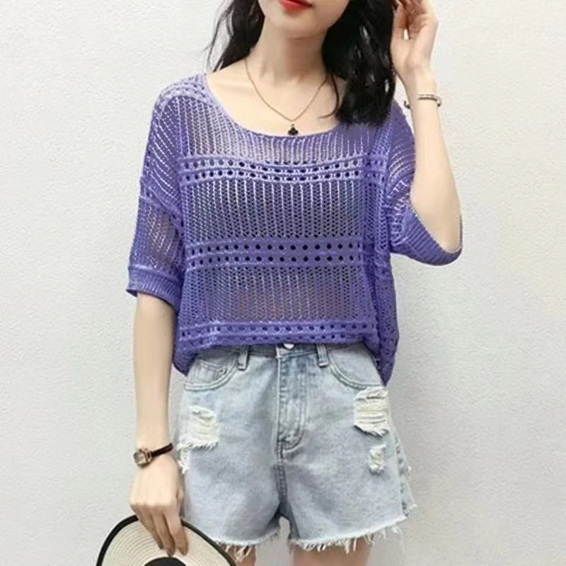 Women's Knitwear Eyelet Top 3/4 Length Sleeve Blouses Braid Mesh Knitted Simple Style Solid Color display picture 2