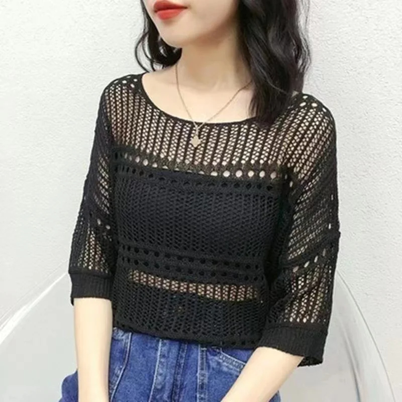 Women's Knitwear Eyelet Top 3/4 Length Sleeve Blouses Braid Mesh Knitted Simple Style Solid Color display picture 1