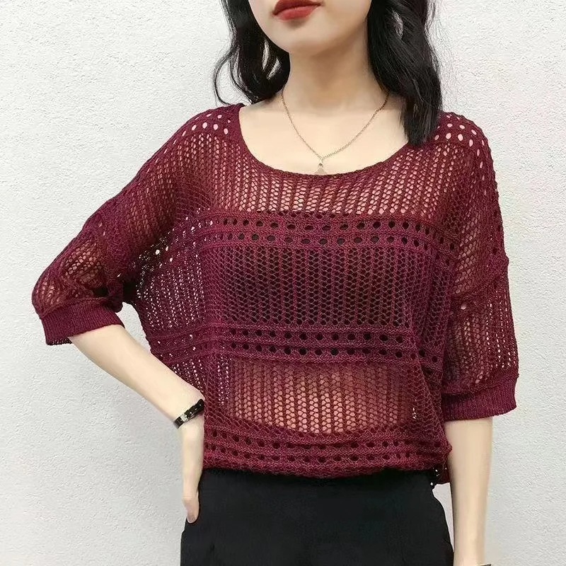 Women's Knitwear Eyelet Top 3/4 Length Sleeve Blouses Braid Mesh Knitted Simple Style Solid Color display picture 5
