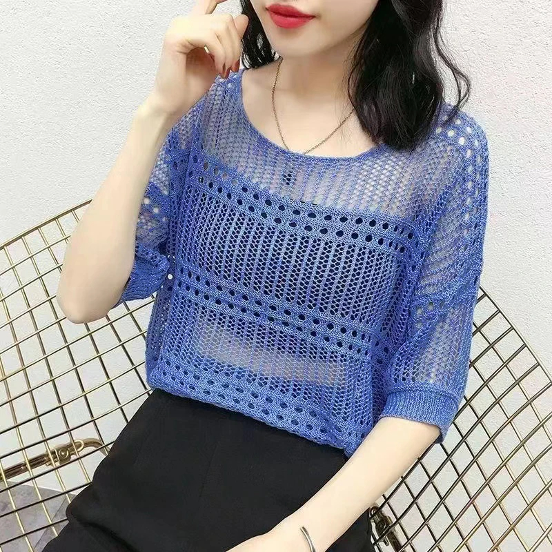 Women's Knitwear Eyelet Top 3/4 Length Sleeve Blouses Braid Mesh Knitted Simple Style Solid Color display picture 6