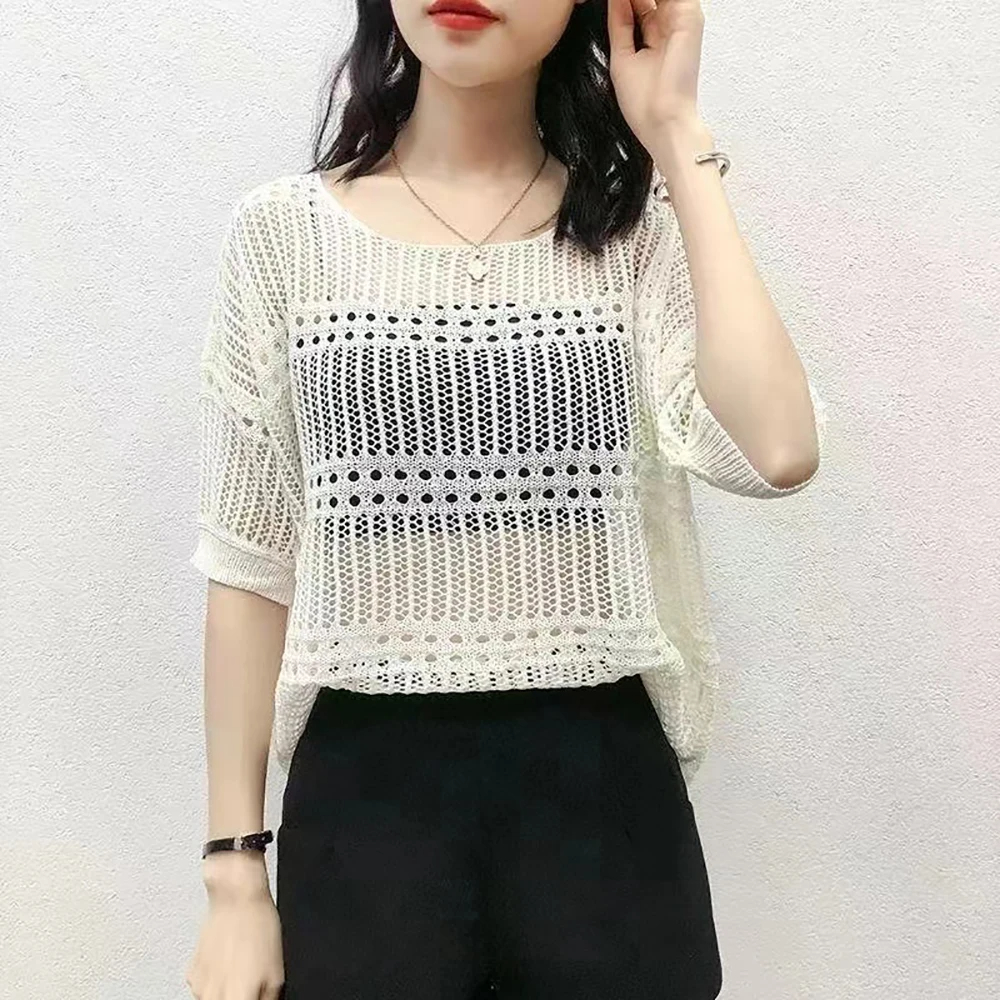 Women's Knitwear Eyelet Top 3/4 Length Sleeve Blouses Braid Mesh Knitted Simple Style Solid Color display picture 8