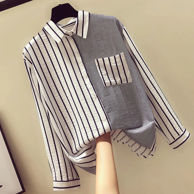 Women's Blouse Long Sleeve Blouses Pocket Washed Button Simple Style Stripe Solid Color display picture 3