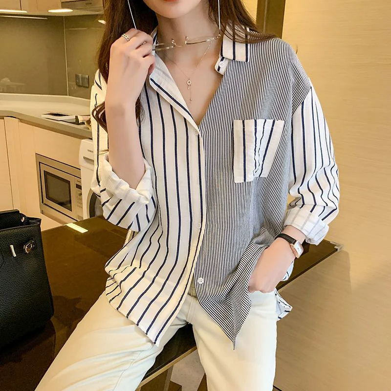 Women's Blouse Long Sleeve Blouses Pocket Washed Button Simple Style Stripe Solid Color display picture 5