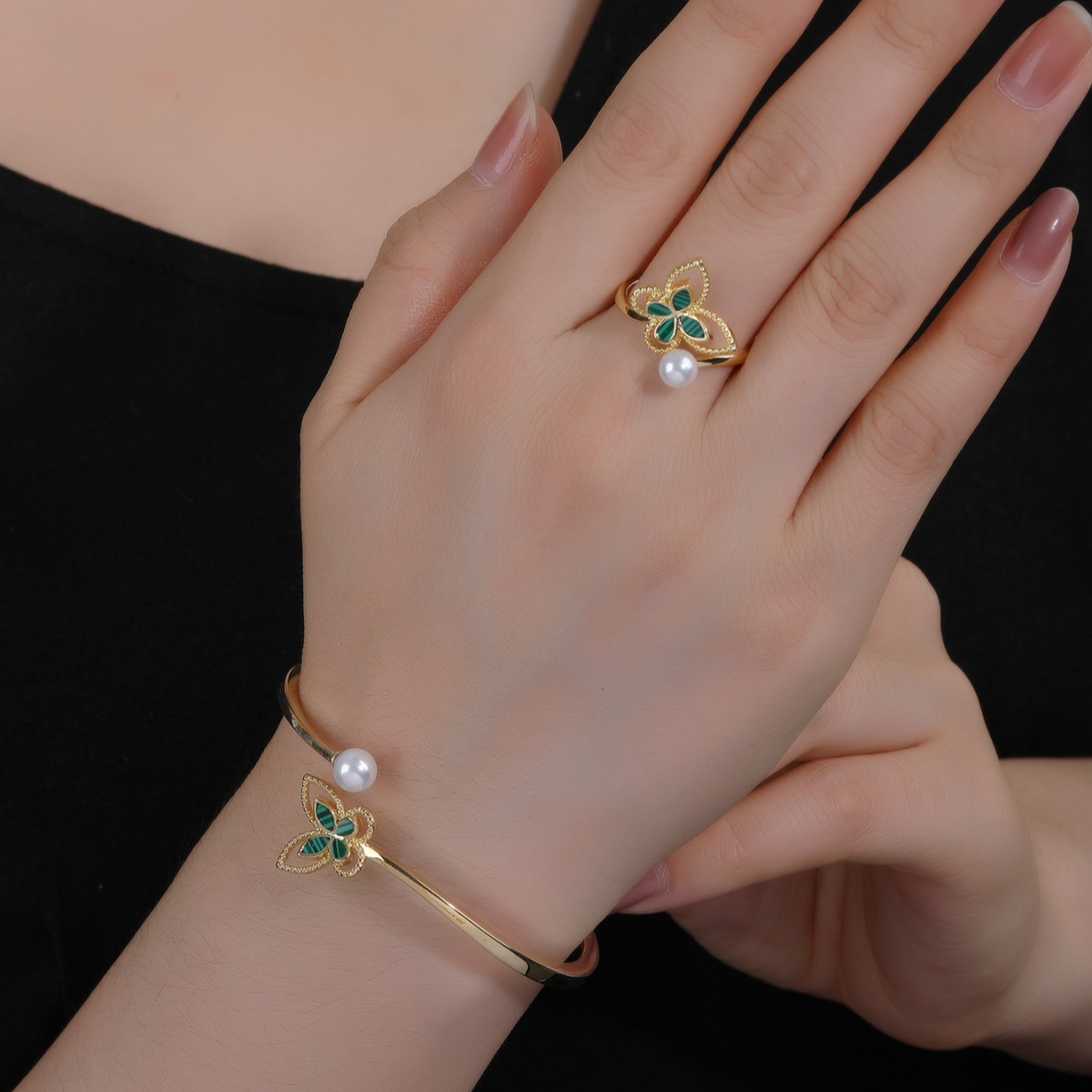 Copper 18K Gold Plated White Gold Plated Glam Luxurious Plating Inlay Butterfly Artificial Pearls Malachite Rings Bracelets display picture 5