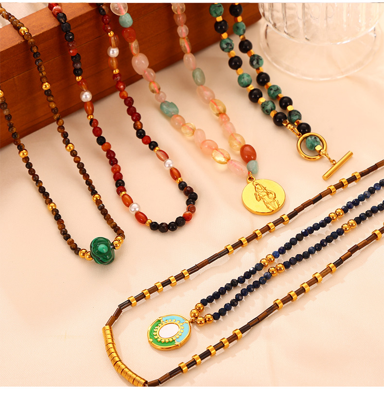 304 Stainless Steel Natural Stone Agate 18K Gold Plated Casual Retro Beaded Enamel Plating Round Necklace display picture 2