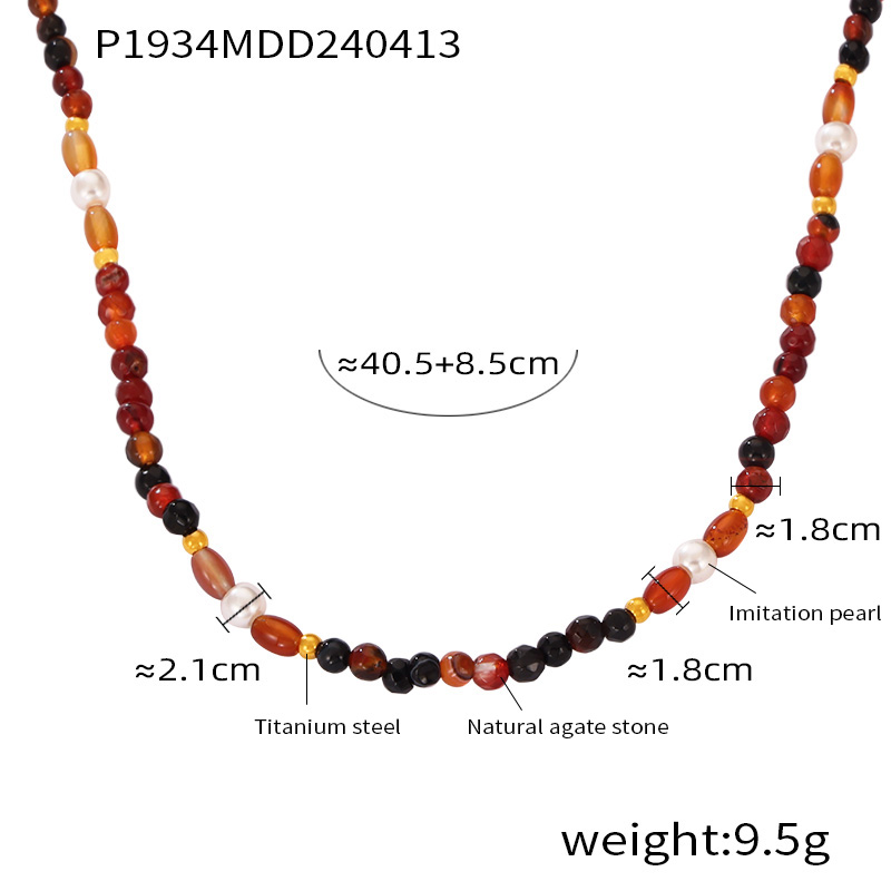 304 Stainless Steel Natural Stone Agate 18K Gold Plated Casual Retro Beaded Enamel Plating Round Necklace display picture 6
