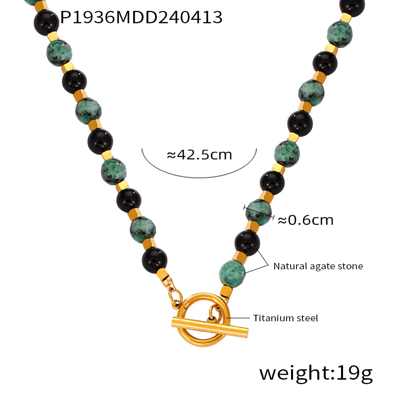 304 Stainless Steel Natural Stone Agate 18K Gold Plated Casual Retro Beaded Enamel Plating Round Necklace display picture 9