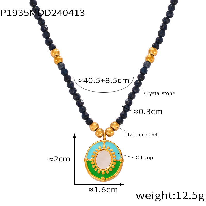304 Stainless Steel Natural Stone Agate 18K Gold Plated Casual Retro Beaded Enamel Plating Round Necklace display picture 7