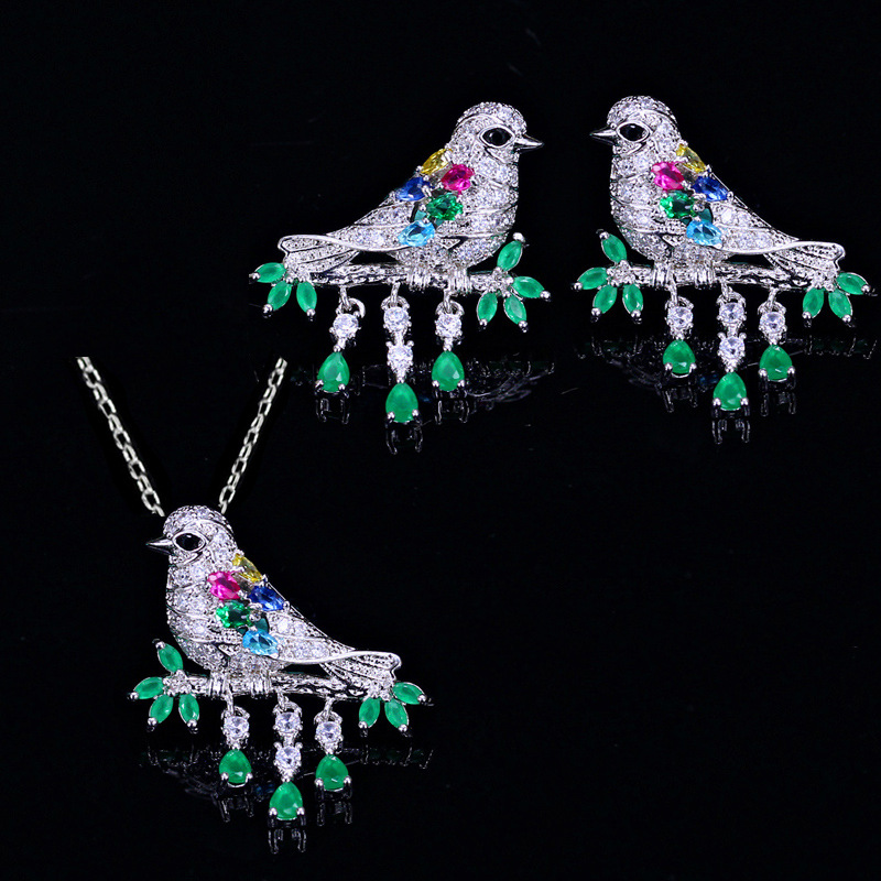 Sterling Silver Copper Silver Plated Chinoiserie Vintage Style Inlay Bird Zircon Earrings Necklace Jewelry Set display picture 1