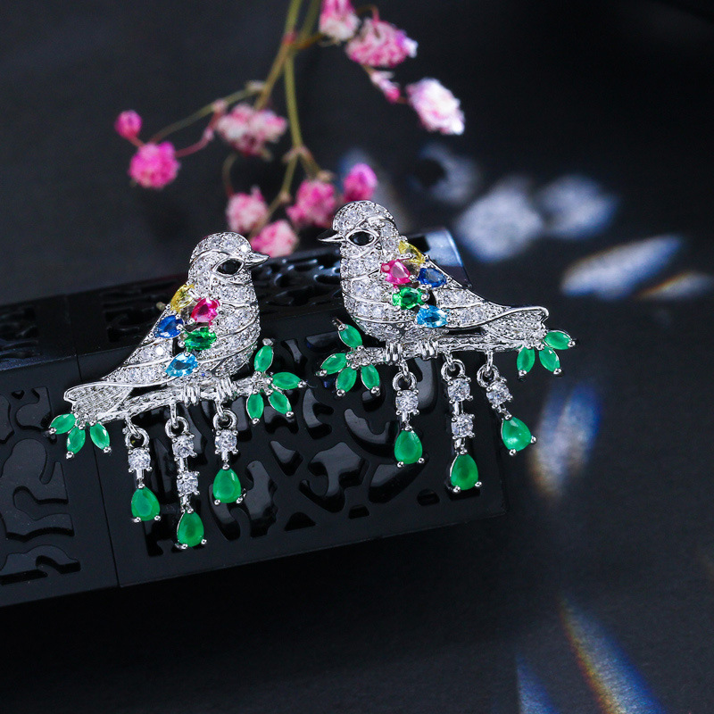 Sterling Silver Copper Silver Plated Chinoiserie Vintage Style Inlay Bird Zircon Earrings Necklace Jewelry Set display picture 2