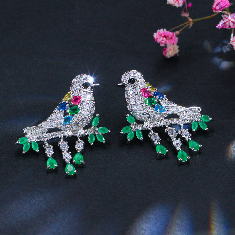 Sterling Silver Copper Silver Plated Chinoiserie Vintage Style Inlay Bird Zircon Earrings Necklace Jewelry Set display picture 3