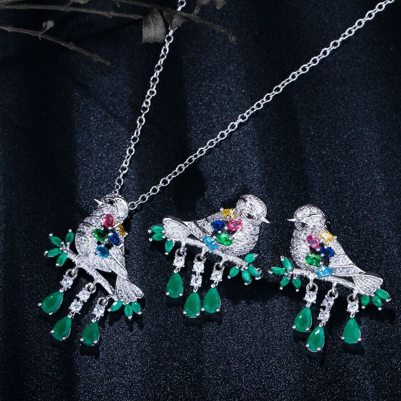 Sterling Silver Copper Silver Plated Chinoiserie Vintage Style Inlay Bird Zircon Earrings Necklace Jewelry Set display picture 6
