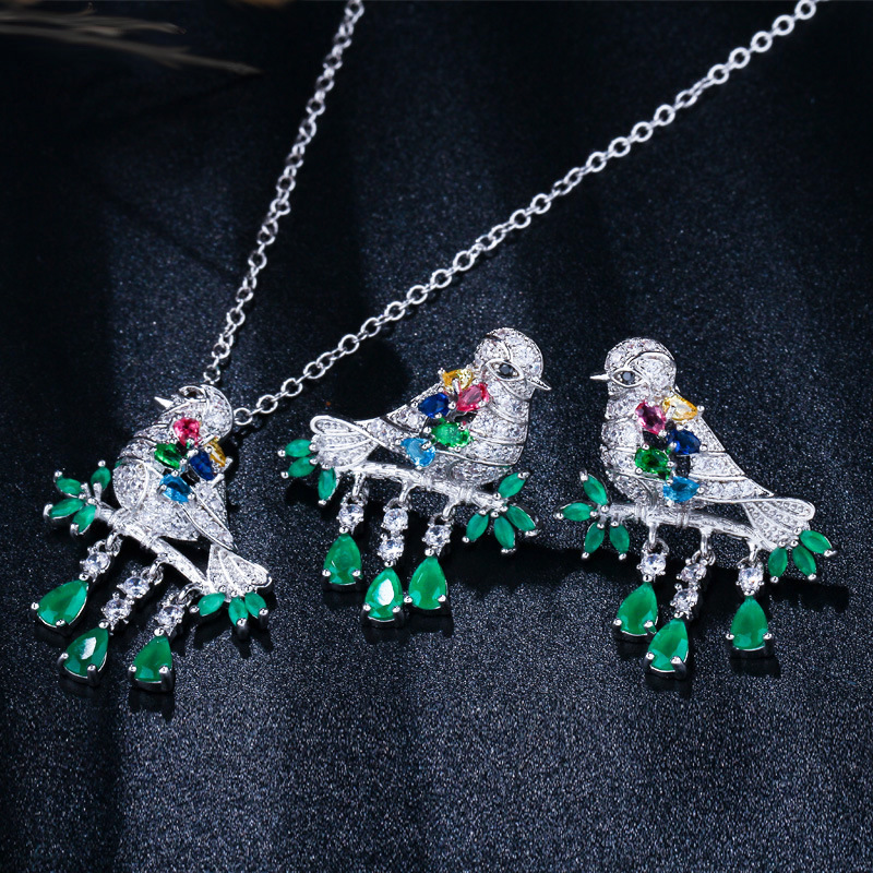 Sterling Silver Copper Silver Plated Chinoiserie Vintage Style Inlay Bird Zircon Earrings Necklace Jewelry Set display picture 5