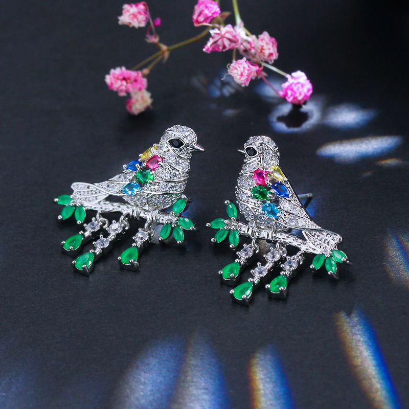 Sterling Silver Copper Silver Plated Chinoiserie Vintage Style Inlay Bird Zircon Earrings Necklace Jewelry Set display picture 4