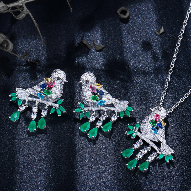 Sterling Silver Copper Silver Plated Chinoiserie Vintage Style Inlay Bird Zircon Earrings Necklace Jewelry Set display picture 8