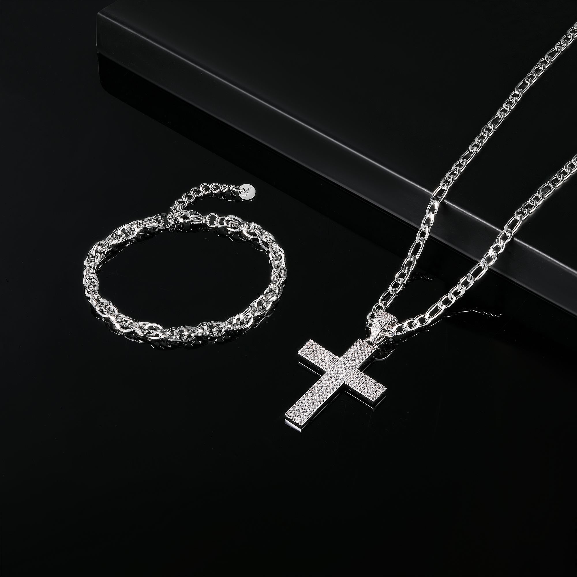 304 Stainless Steel Elegant Modern Style Classic Style Plating Inlay Cross Zircon Bracelets Necklace Jewelry Set display picture 3