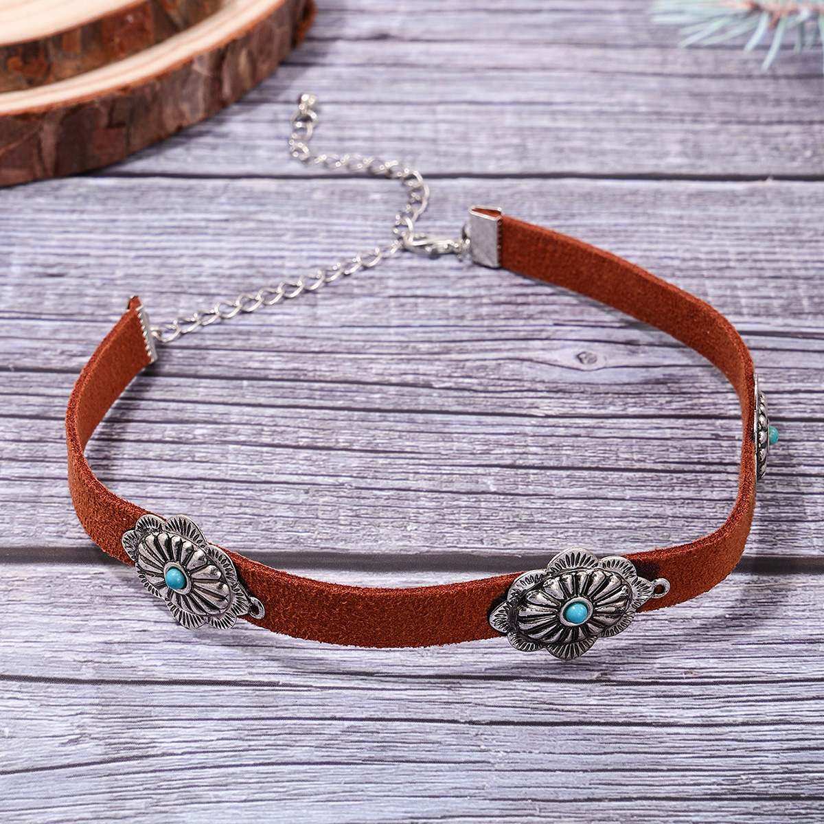Elegant Ethnic Style Geometric Pu Leather Alloy Inlay Turquoise Women's Choker display picture 5