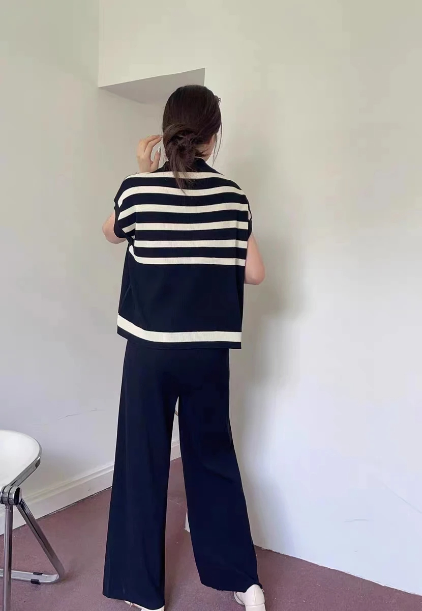 Weekend School Daily Women's Classic Style Stripe Solid Color Rayon Spandex Polyester Elastic Waist Washed T-Shirt Sets Pants Sets display picture 3