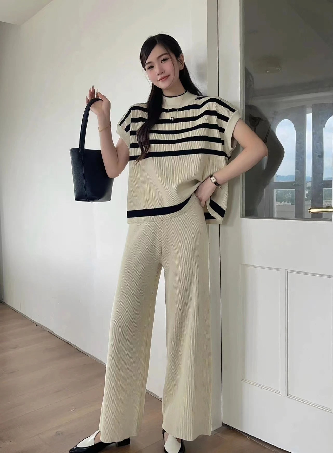 Weekend School Daily Women's Classic Style Stripe Solid Color Rayon Spandex Polyester Elastic Waist Washed T-Shirt Sets Pants Sets display picture 12