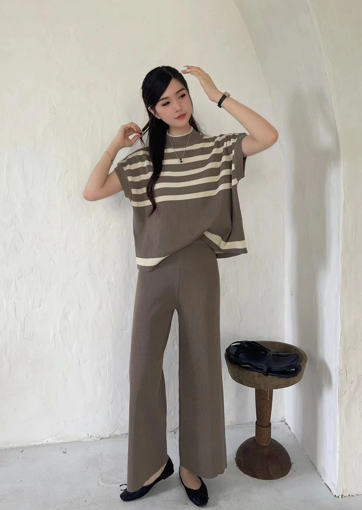 Weekend School Daily Women's Classic Style Stripe Solid Color Rayon Spandex Polyester Elastic Waist Washed T-Shirt Sets Pants Sets display picture 14