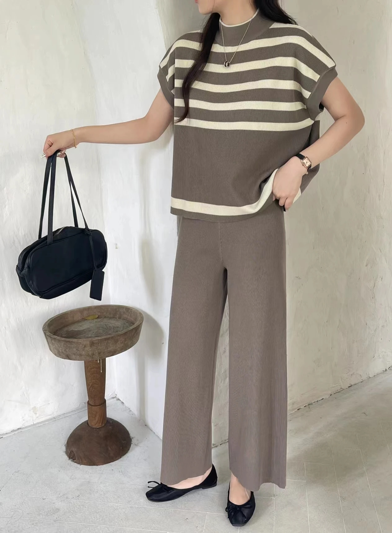 Weekend School Daily Women's Classic Style Stripe Solid Color Rayon Spandex Polyester Elastic Waist Washed T-Shirt Sets Pants Sets display picture 17