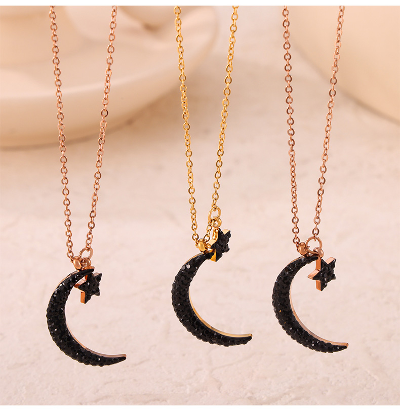 304 Stainless Steel 18K Gold Plated Rose Gold Plated Elegant Simple Style Classic Style Plating Inlay Pentagram Star Moon Rhinestones Pendant Necklace display picture 1