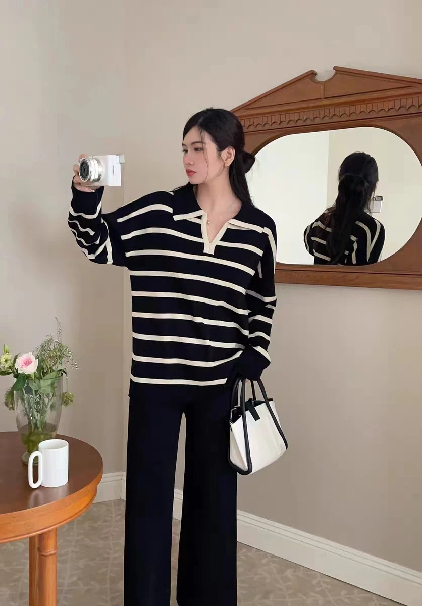 Weekend School Daily Women's Classic Style Stripe Solid Color Spandex Polyester Knit Elastic Waist Washed Rib-Knit Pants Sets Pants Sets display picture 3