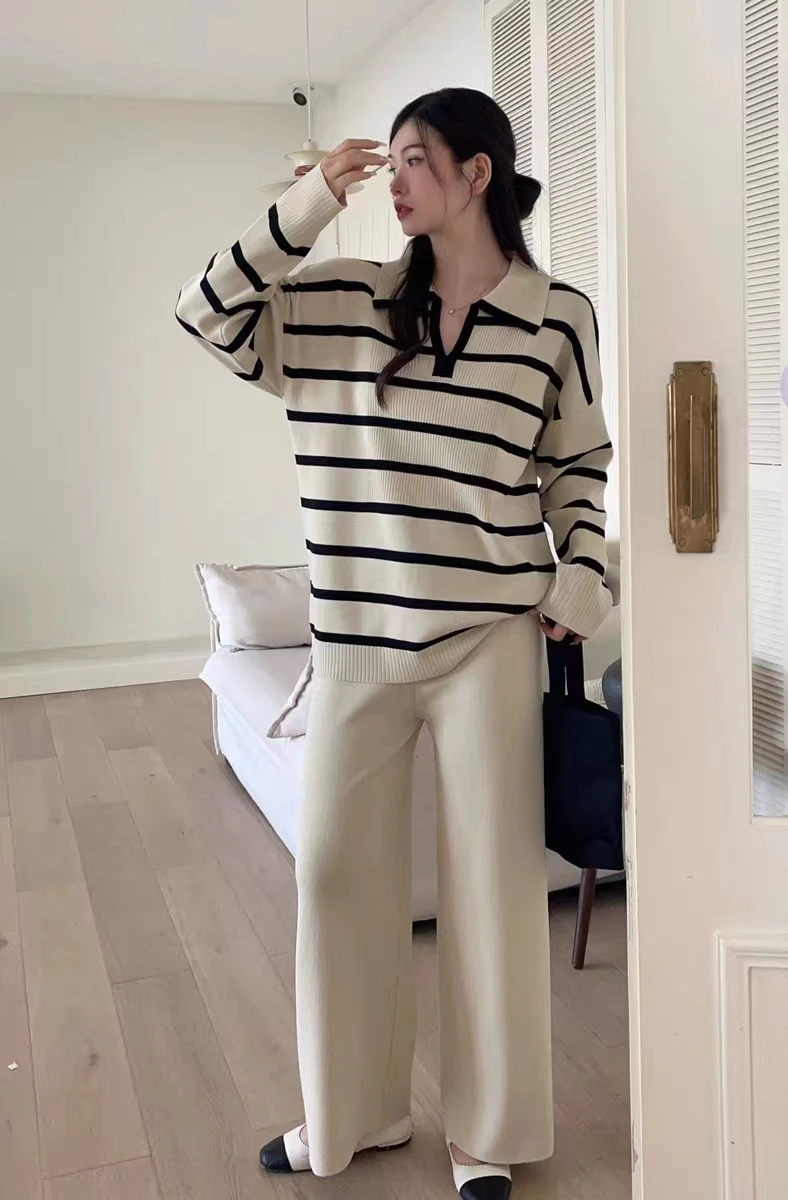 Weekend School Daily Women's Classic Style Stripe Solid Color Spandex Polyester Knit Elastic Waist Washed Rib-Knit Pants Sets Pants Sets display picture 6