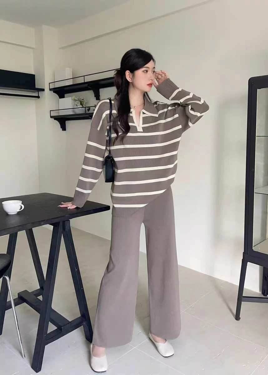 Weekend School Daily Women's Classic Style Stripe Solid Color Spandex Polyester Knit Elastic Waist Washed Rib-Knit Pants Sets Pants Sets display picture 5
