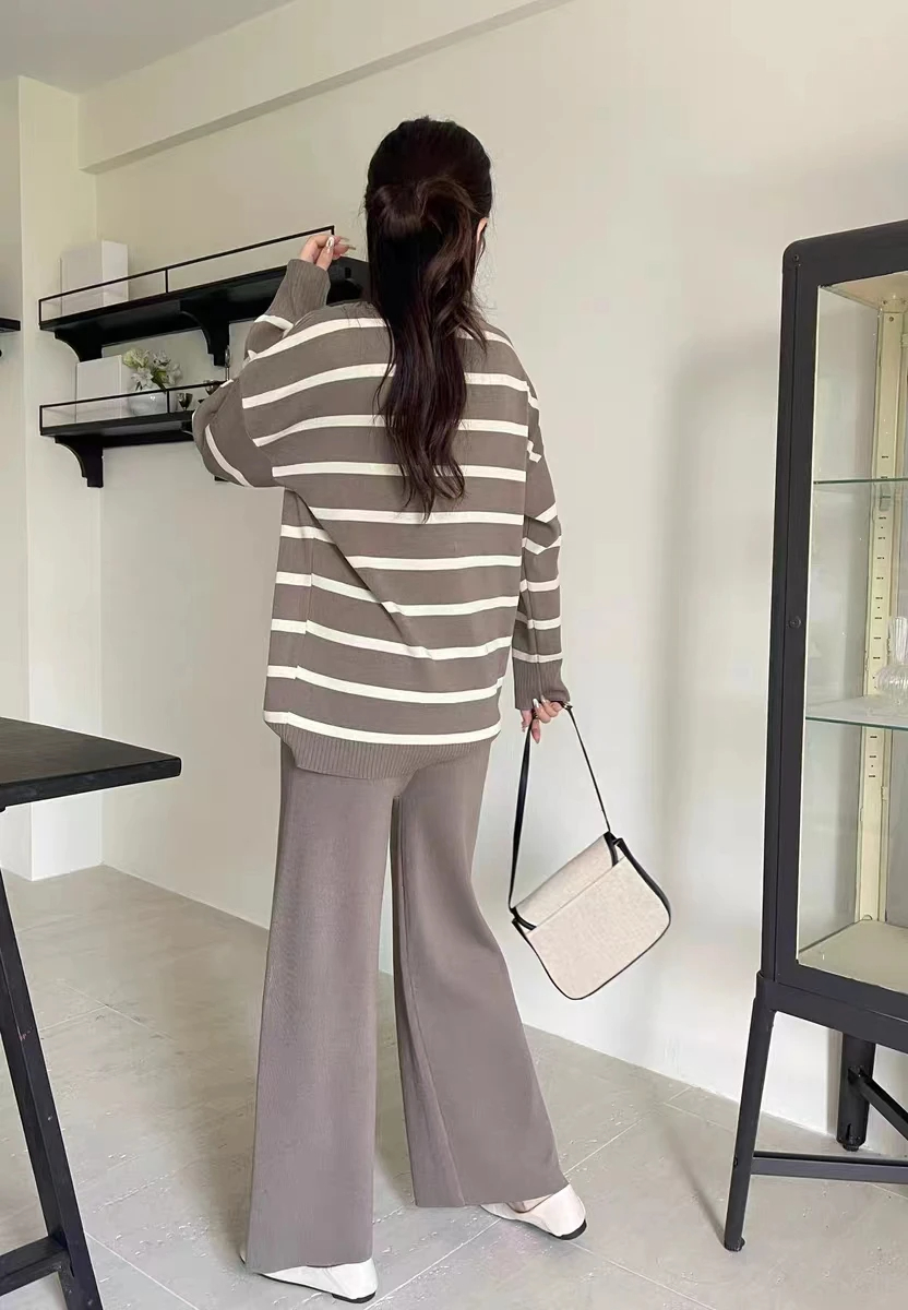 Weekend School Daily Women's Classic Style Stripe Solid Color Spandex Polyester Knit Elastic Waist Washed Rib-Knit Pants Sets Pants Sets display picture 16