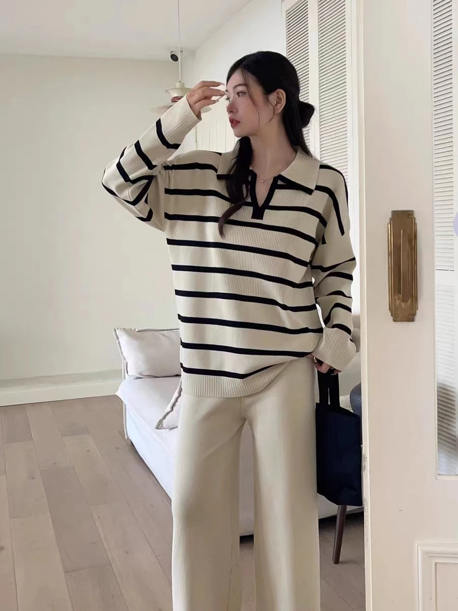 Weekend School Daily Women's Classic Style Stripe Solid Color Spandex Polyester Knit Elastic Waist Washed Rib-Knit Pants Sets Pants Sets display picture 8